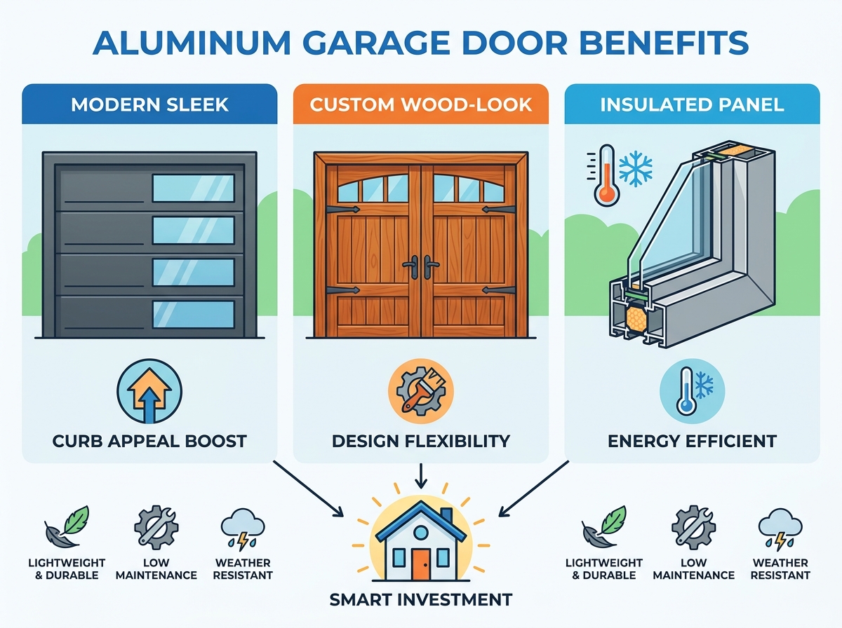 Modern aluminum garage door installation showcasing clean architectural lines and glass panels