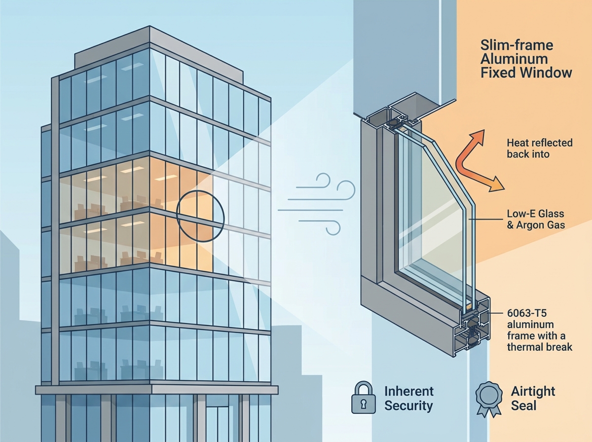 Commercial aluminum windows installed in a modern high-rise building