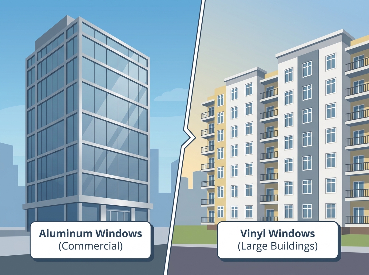 A modern commercial building featuring expansive aluminum window installations