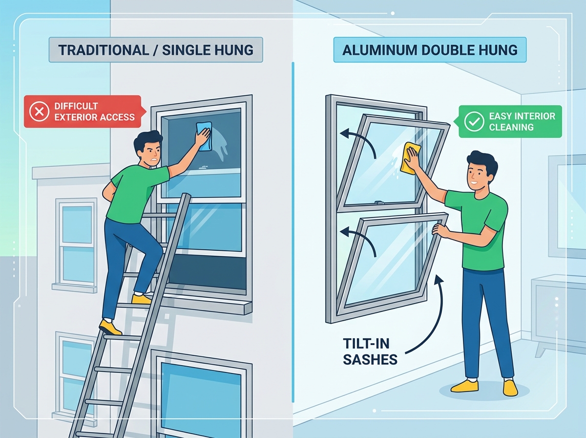 Aluminum double hung windows showing tilt-in sashes for easy cleaning