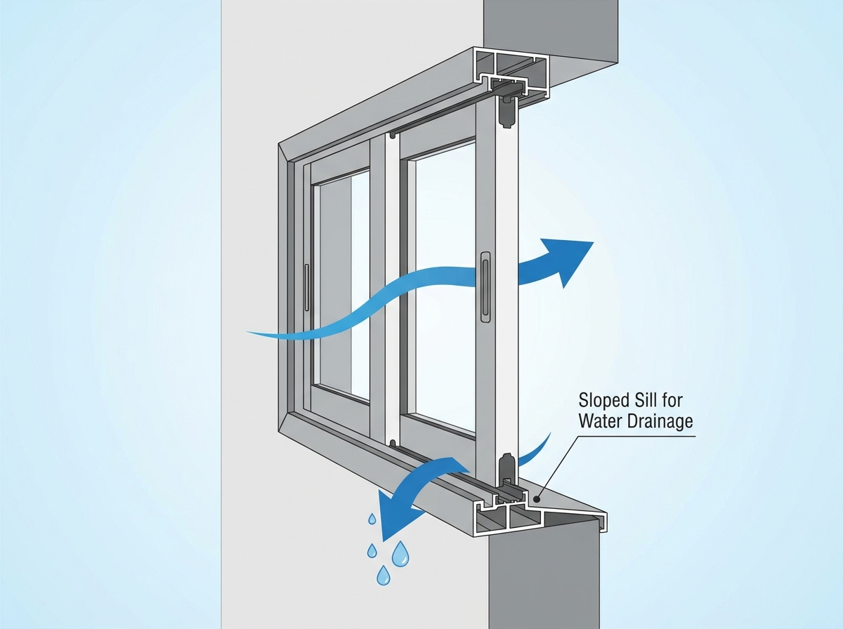 A modern aluminum sliding window installed in a residential setting, showcasing its sleek frame and clear glass panels.