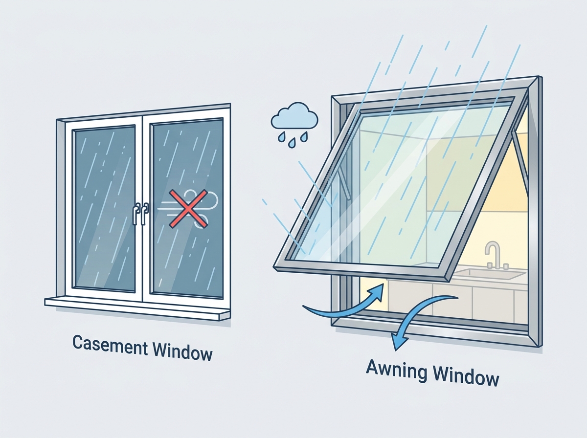 A modern home exterior featuring sleek aluminum awning windows providing ventilation during a light rain shower.