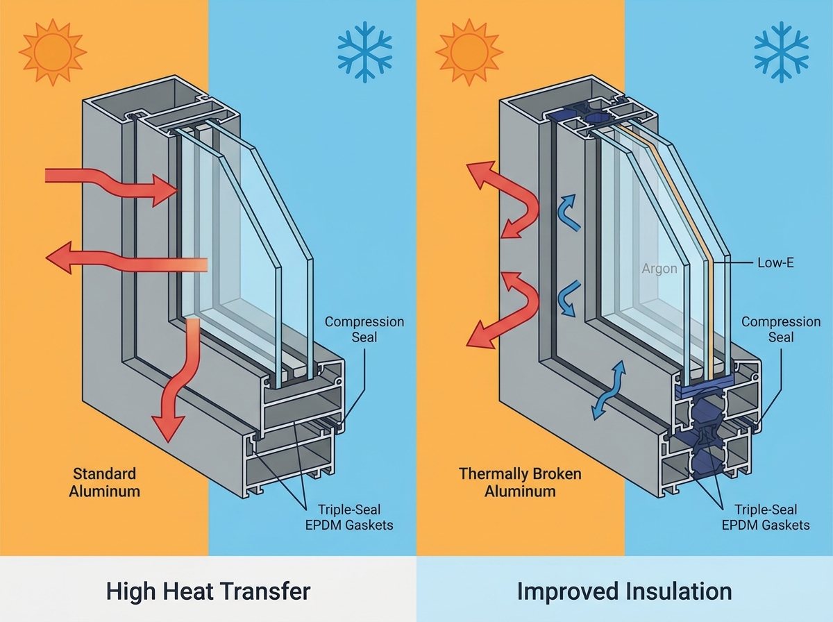 Thermally broken aluminum windows installation showing advanced insulation technology