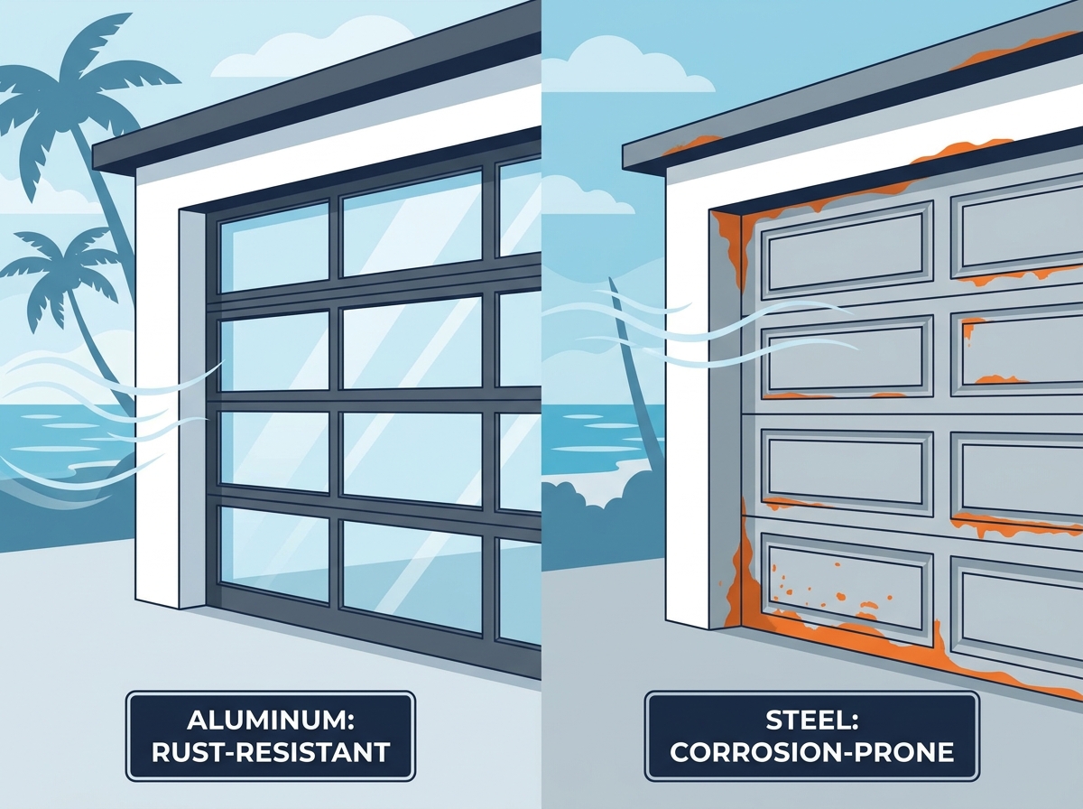 Modern aluminum glass garage door installed on a contemporary home exterior