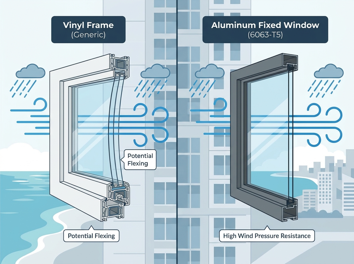 A modern building exterior showcasing highly durable aluminum framed windows with expansive glass panels
