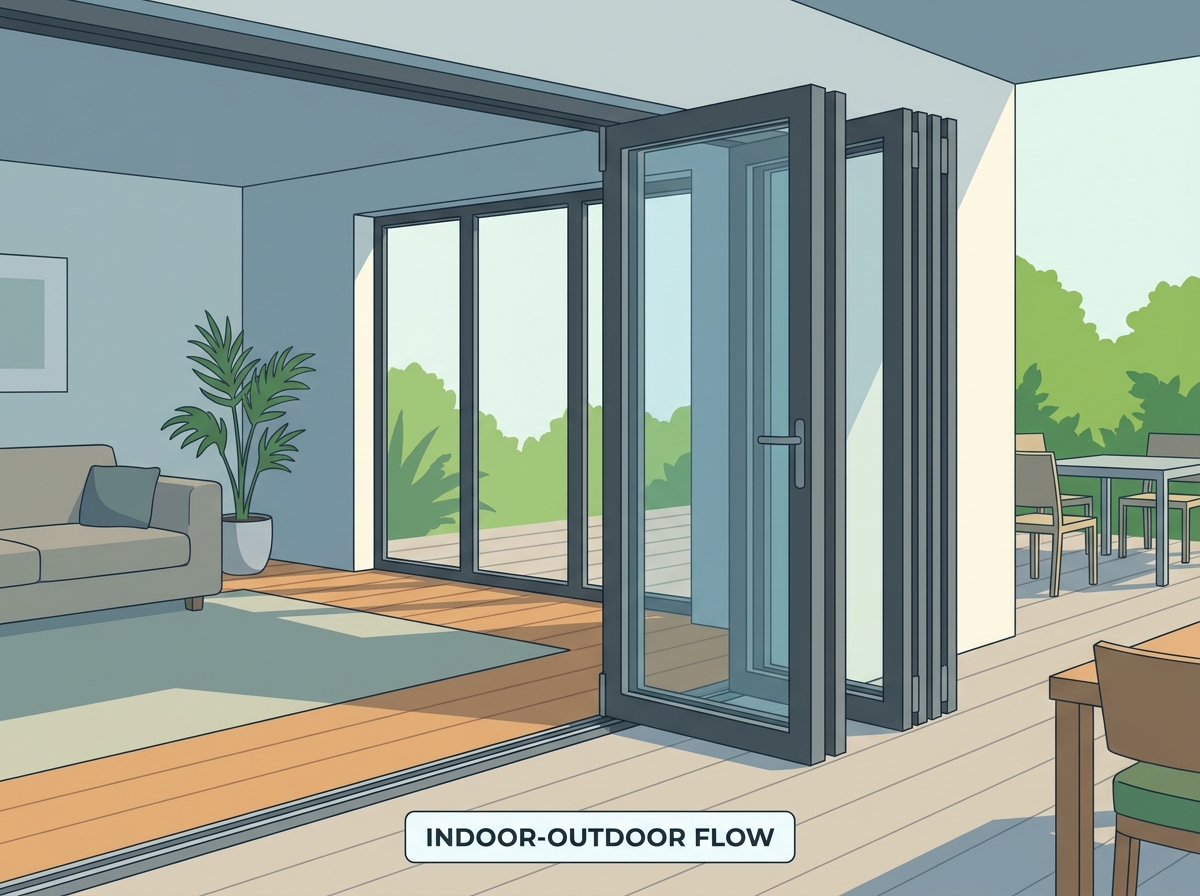 Modern aluminum bifold doors opening to an outdoor patio space