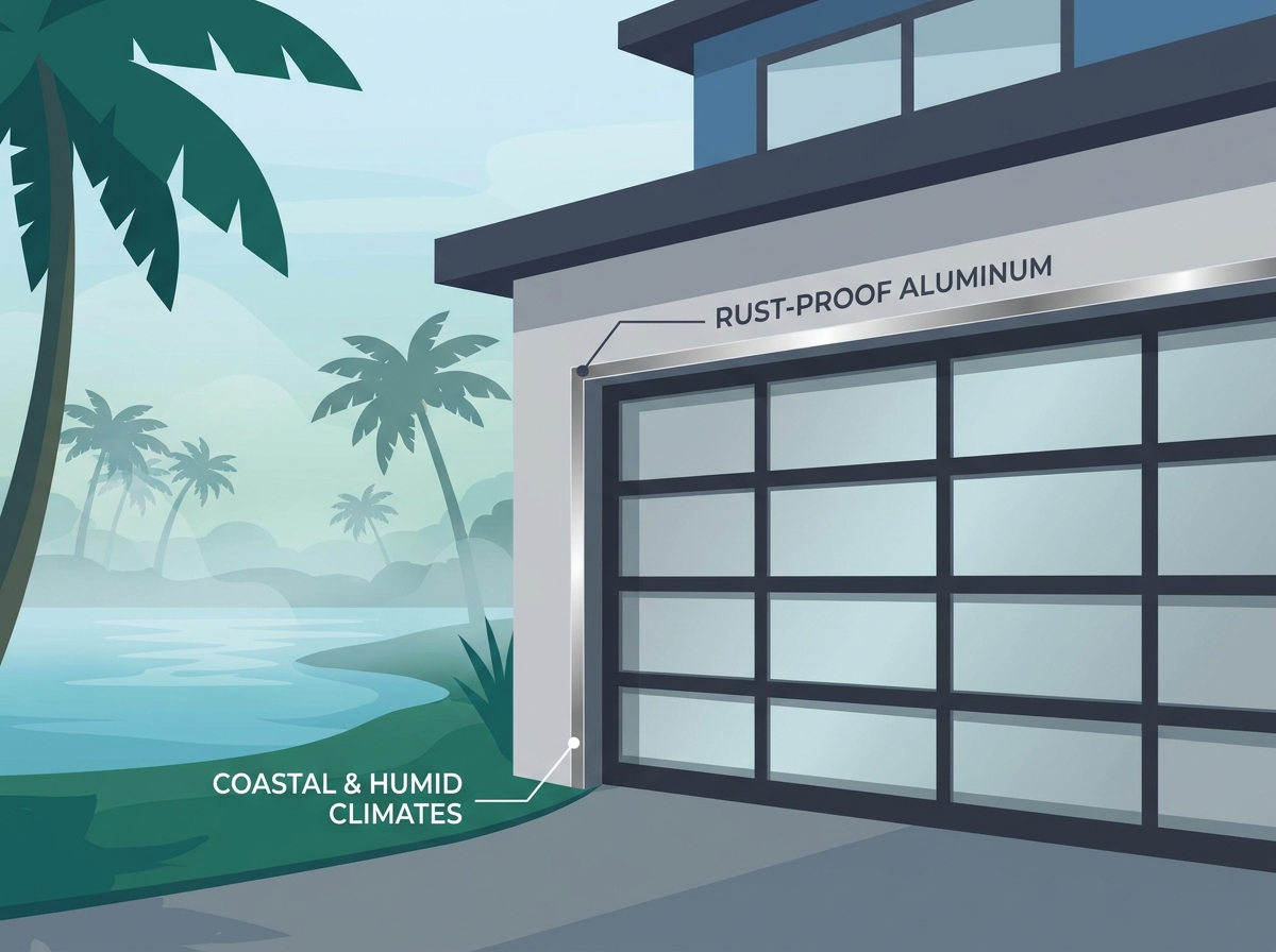 A modern home exterior featuring sleek aluminum and glass garage doors
