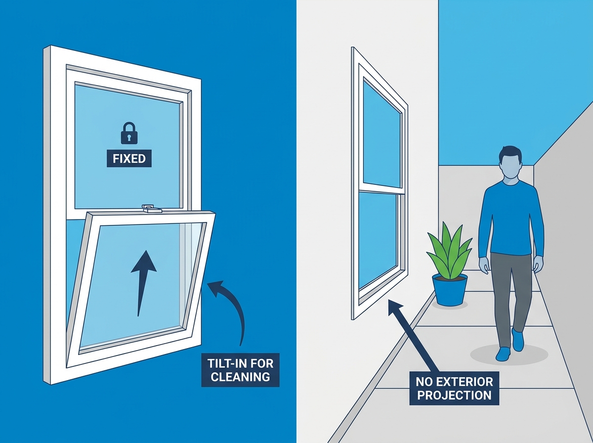 A modern single hung window installed in a residential setting, demonstrating space-saving vertical operation.