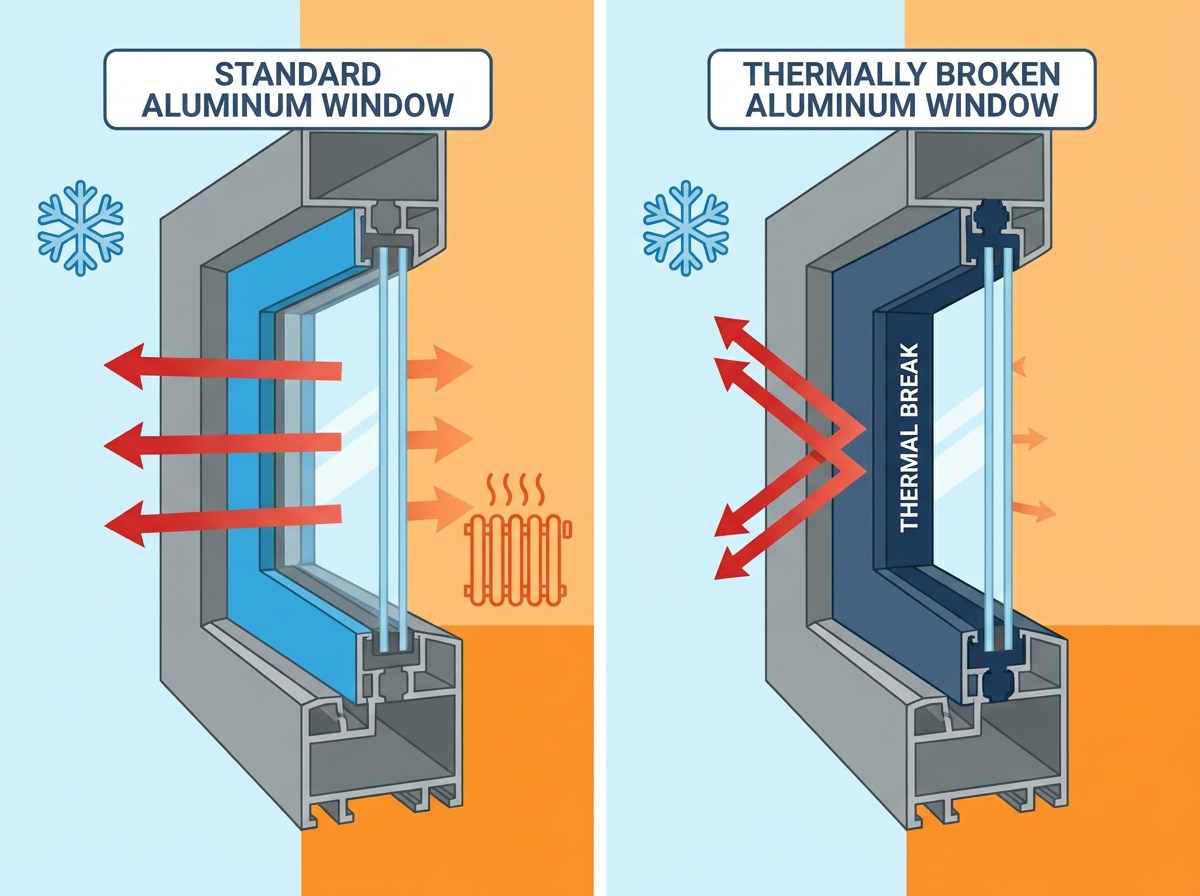 Detailed cross-section showing the internal components of thermally broken window frames compared to standard frames