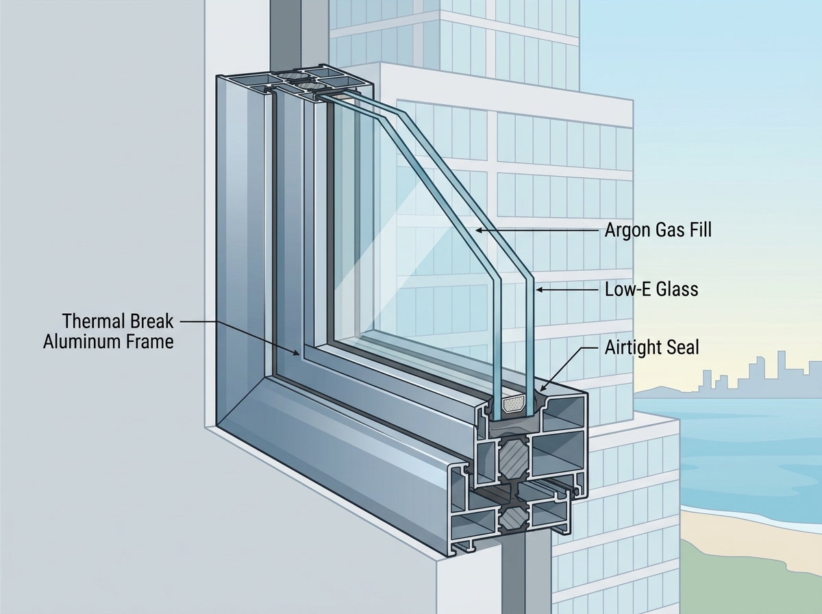 A modern building exterior showcasing durable aluminum window frames