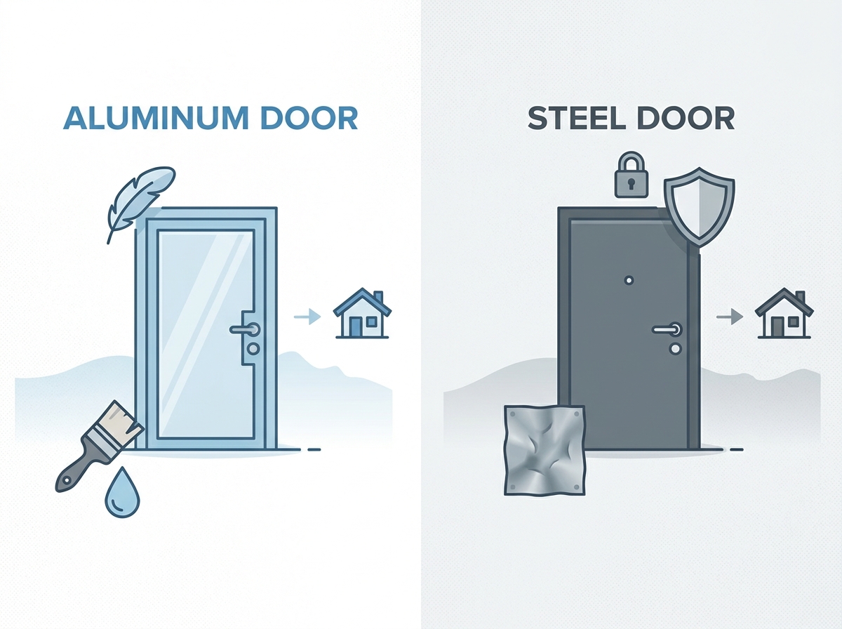 A sleek, modern metal exterior door installed in a contemporary home setting