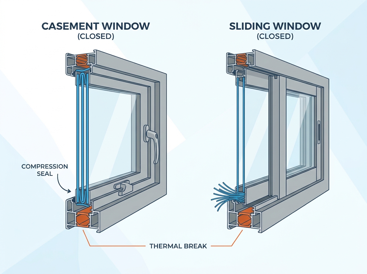 A modern aluminum casement window installed in a residential setting, showcasing its clean lines and unobstructed view.