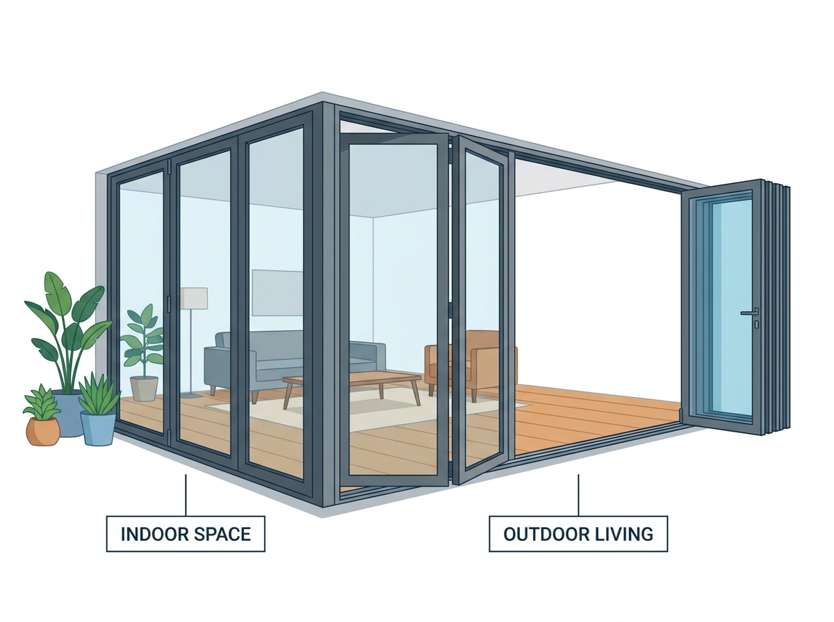 A modern aluminum bifold door installed in a residential home, showcasing a seamless indoor-outdoor transition.