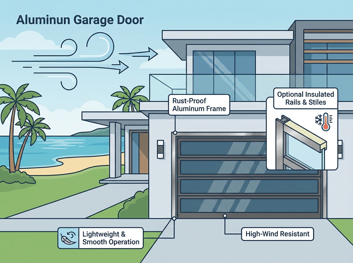 A modern aluminum garage door installed on a contemporary home exterior